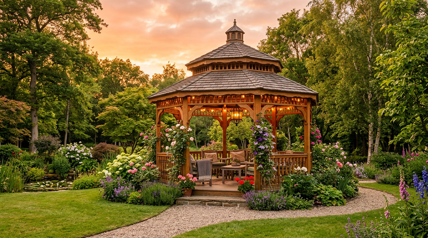 Деревянная беседка в саду